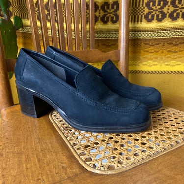 Vintage Black Suede Nine West Chunky Heeled Loafers Size 7 1/2 
