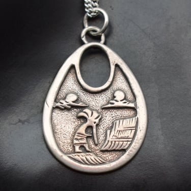 90's AJM sterling kokopelli teardrop pendant, unusual Navajo 925 silver musician god on mesa necklace 