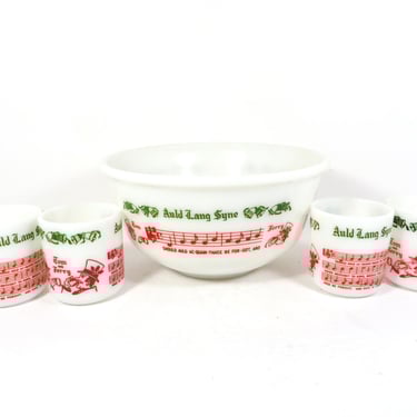 Vintage Hazel Atlas Tom and Jerry Egg Nog Set Bowl and 4 Cups - Vintage Milk Glass Auld Lang Syne Bowl and Mugs 