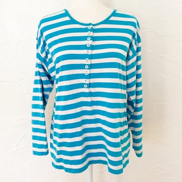 90s Gap Turquoise Blue and White Striped Button Long Sleeve Tee | Medium/Large 