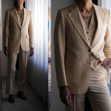 Vintage 70s GIVENCHY PARIS Cream Pinstriped Gabardine Wide Lapel Three Piece Flare Suit | Made in USA | 1970s French Designer Tailored Suit 