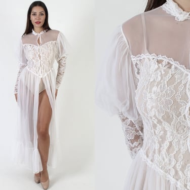 Sexy Victorian Henson Kickernick Sheer White Peignoir Lace Nightgown Robe 
