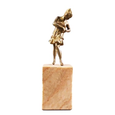 Brass Art Deco Flapper Girl Sculpture on Peach Marble obelisk 