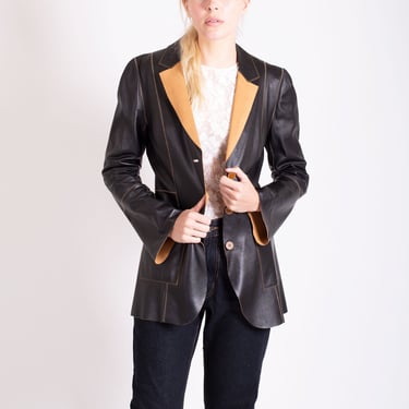 Vintage Rozae Nichols Contrast Stitch Black Leather Blazer with Flared Sleeves + Pockets S M Trench 