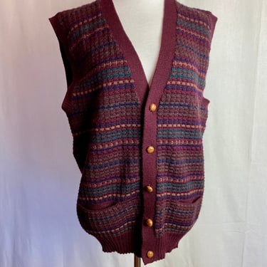 90’s Wool sweater vest Unisex androgynous style leather buttons pockets striped knit studious vibes ~maroon textile  size LG 