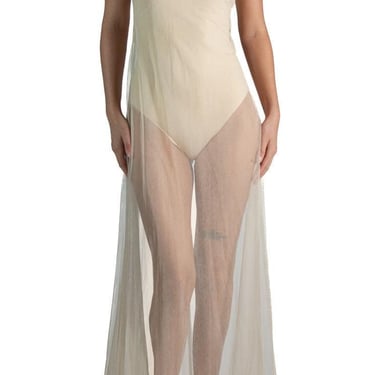 1990S Alberta Ferretti Off White Beaded Cotton Net Sheer Dress 