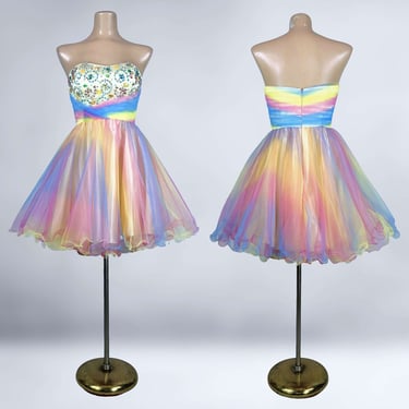 VINTAGE Y2K 00s Rainbow Candyland Tutu Party Dress by Cire Sz 6 | 2000s Popsicle Tulle Mini Formal Fairy Party Prom Gown | VFG 