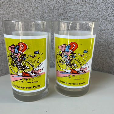 Vintage 1979 Glasses Set 2 “Leader Of The Pack” Cycling Humor by Pepsi Sports Gary Patterson 