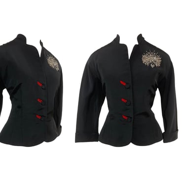 Vtg Vintage 1940s Bombshell Pinup Rockabilly Black Red Tailored Beaded Jacket 