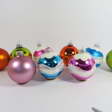 Vintage Satin Shiny Glass Christmas Ornaments - 9 Chartreuse, Pink, Orange, and Turquoise Glass Ornaments 