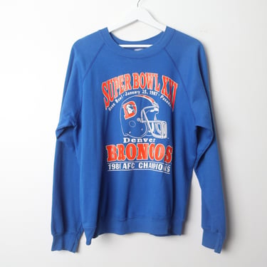 vintage DENVER BRONCOS 1986 blue & orange NFL football raglan sweatshirt -- authentic 80s vintage -- size large 