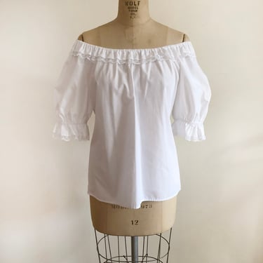 White Cotton Off-Shoulder Blouse with Lace-Trimmed Collar - 1980s 