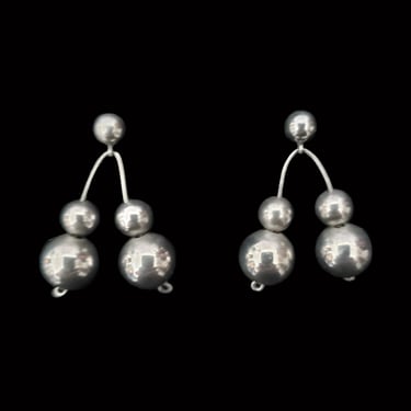 1970s Sterling Silver Ball Top and Drop Earrings | 70s Vintage 925 Silver Sphere Pierced Earrings 