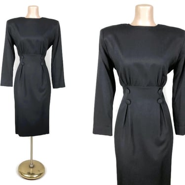 VINTAGE 80s Curvy Black Bombshell Power Dress by Hearts Sz 6 | 1980s Sexy Classy Wiggle Long Sleeve Office Dress | Bold Shoulders | vfg 