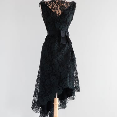 Divine 1960's Estevez Black Lace Cocktail Dress With Asymmetrical Hem / SM