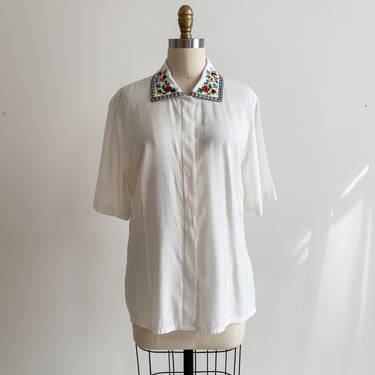 cute cottagecore blouse 80s 90s vintage Susan Bristol white embroidered collar short sleeve shirt 