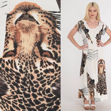 Leopard Dress 90s White Button up Maxi Dress Cheetah Animal Cat Print Day Dress Short Sleeve Jungle Novelty Bohemian Vintage 1990s Large L 