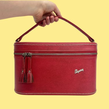 Vintage Skyway Train Case Retro 1960s Mid Century Modern + Red Vinyl + Hard Shape + Top Handle + Toiletry or Makeup Travel Bag + MCM Luggage 