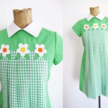 Vintage 60s Deadstock Floral Mini Dress XS S - 1960s Green Gingham Plaid Mod Twiggy Babydoll Dress - I Magnin Florence Eiseman 
