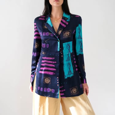 Vintage 90 Dana Buchman Black & Jeweled Tone Silk Mandarine Collar Blazer Shirt w/ Iridescent Buttons | 100% Silk | 1990s Designer Blouse 