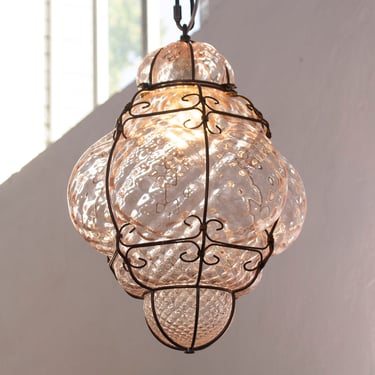 Blown Original Murano Glass Venetian lantern pink color, Made in Italy vintage style chandelier 