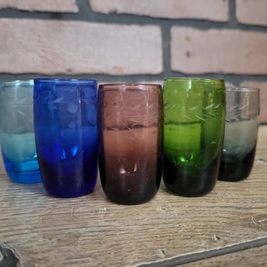 Vintage Korean Set of 5 Multi Color Shot Glasses Made in Korea 