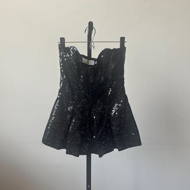 8048t / nina ricci black sequin pleated strapless peplum top 