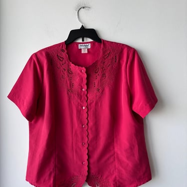 Vintage Anthony Richards Blouse Button Up Red Crochet Short Sleeve Women’s 16 