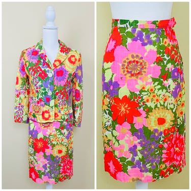 1960s Vintage Linen Colorful Floral Two Piece Suit / 60s / Sixties Jackie O Blazer and Pencil Skirt Pink and Purple / XS 
