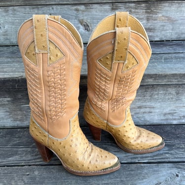 vintage Zodiac cowboy boots 1970s ostrich leather high heel fashion boots 5 