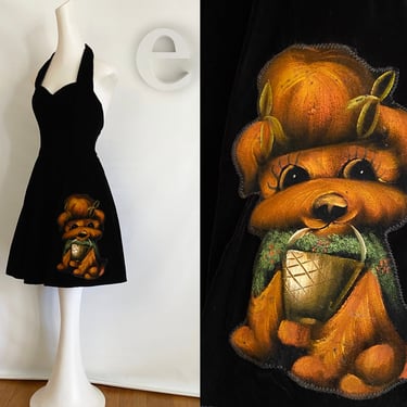 Vintage 70s Black Velvet "Puppy Dog Halter Dress! | One of a kind Wearable Art Piece | Red Carpet or Runway Event Wear | Hippie Boho Goth 