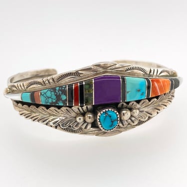 Vintage Artisan Navajo Multi Stone Inlay Sterling Silver Cuff Bracelet Signed 