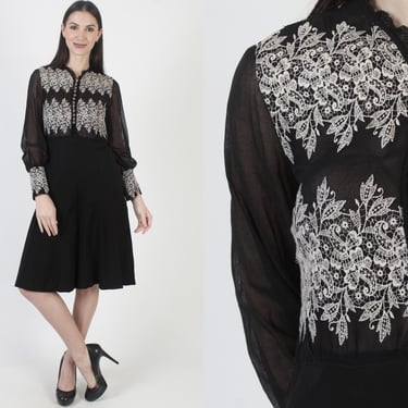 Black Edwardian Dress, 40s Embroidered Victorian, Knee Length Skirt, Vintage 50s Goth 