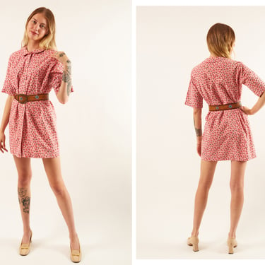 Vintage 1960s 60s Pretty In Pink Rose Floral Linen Cotton Button Up Mini Dress in Shift Style 