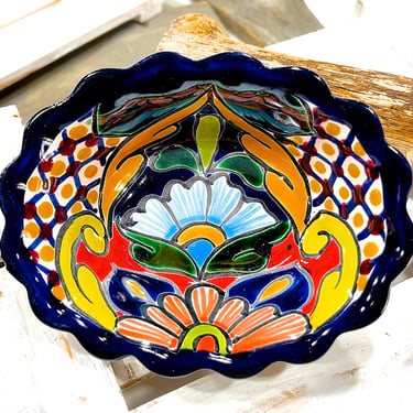 VINTAGE: 5.5" Authentic H. Venegas Signed Talavera Mexican Pottery - Oval Bowl - Colorful Hand Painted Bowl - Mexico - SKU 36-A-00033829 