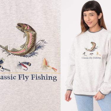Fly Fishing Sweatshirt 90s Embroidered Classic Fishing Rainbow Trout Fish Shirt Crewneck Heather Grey Pullover Shirt Vintage Oversized Large 