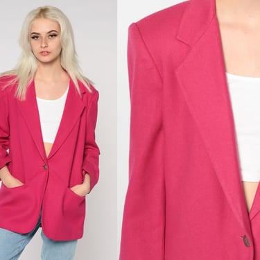 Deep Pink Wool Blazer 90s Button Up Blazer Jacket Retro Professional Power Shoulders Secretary Coat Oversized Blazer Vintage 1990s Medium M 