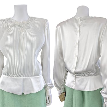 Vintage Fortuny Pleated Blouse, Large / White Satin Back Button Cocktail Blouse / Silky Peplum Blouse with Beads and Sequins 