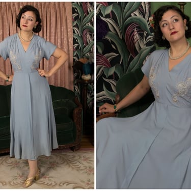 1940s Dress -  Lovely Vintage Late 40s Sky Blue Evening Dress with Bias Cut Skirt 