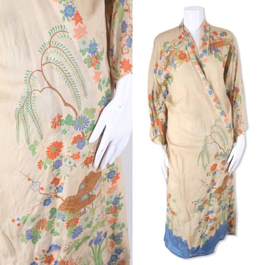 30s Pongee silk robe, Vintage Japanese Kimono, 1930s Beige Floral Print, Art Deco Duster, One Size, Rare Vintage Robe 