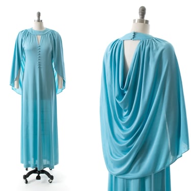 Vintage 1970s Maxi Dress | 70s Attached Cape Light Blue Jersey Keyhole Full Length Party Gown (small/medium/large) 