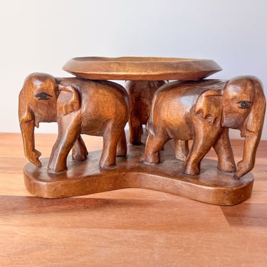 Vintage Elephant Carved Wood Tabletop Plant Stand. Vintage Wood Riser / Pedestal. 