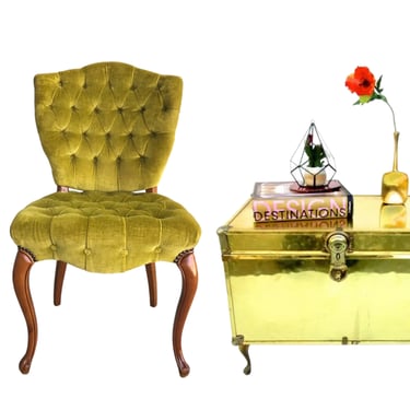 Vintage Tufted Chartreuse Velvet Boudoir / Vanity Chair | Mid-Century Hollywood Regency Accent Occasional Chair 