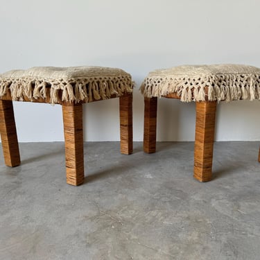 Vintage Organc Coastal Wicker Ottomans - A Pair 