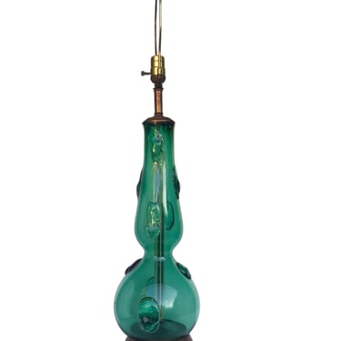 Monumental Mid-Century Handblown Art Glass Lamp | Jewel Tone Teal Green Genie Bottle Form Glass Prunts Space Age Brass Base 