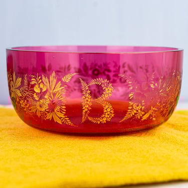 Antique Engraved Cranberry Glass Bowl