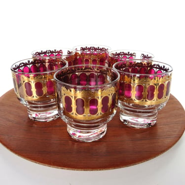 Vintage Culver Cranberry Scroll Small Rocks Glasses, Set of 6 Mid Century Footed Lowball Glasses With 22kt Gold 