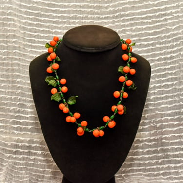 Mid-Century Tutti Frutti Venetian Glass Orange Berry Necklace, Festive Italian Glass Bead Necklace, 18.5