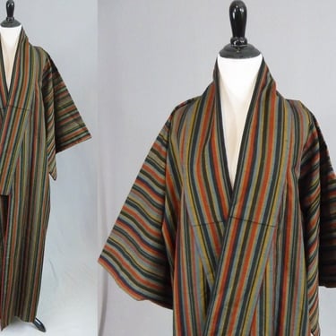 Vintage Men's Kimono - Striped with Black Red Yellow Green Gray-Blue - Single Piece 