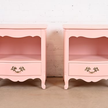 Kindel Furniture French Provincial Louis XV Pink Lacquered Nightstands, Newly Refinished